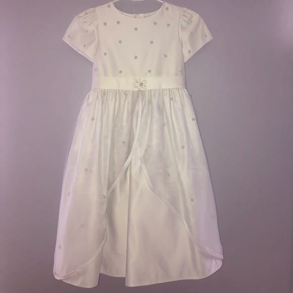 Satin and Beaded Tulle Overlay Dress in White